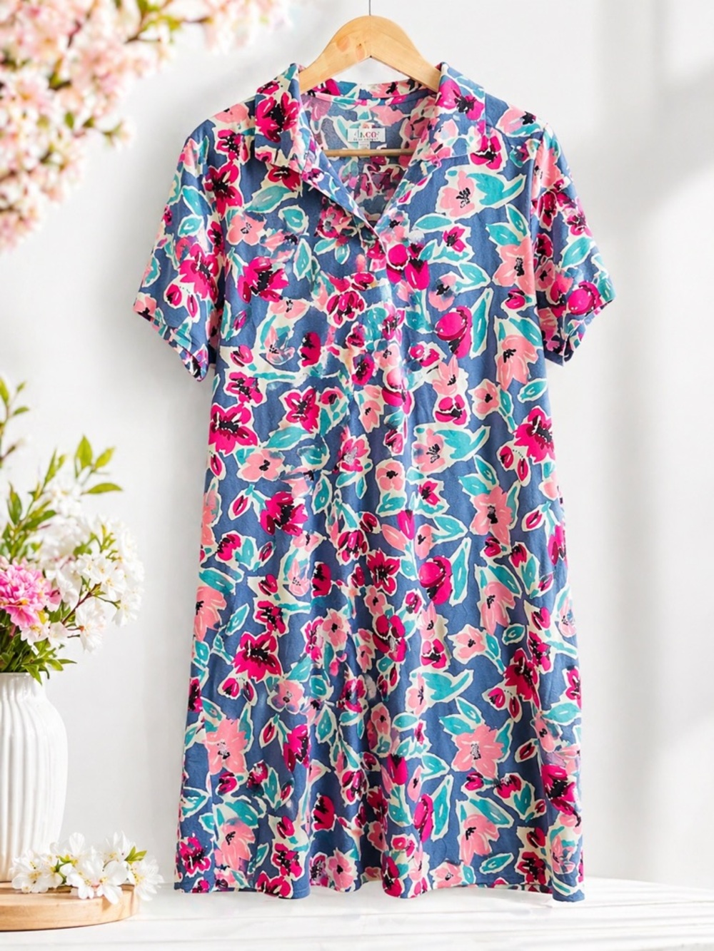D & CO. Floral Button-Front Plus Shirt Dress in Blue and Pink